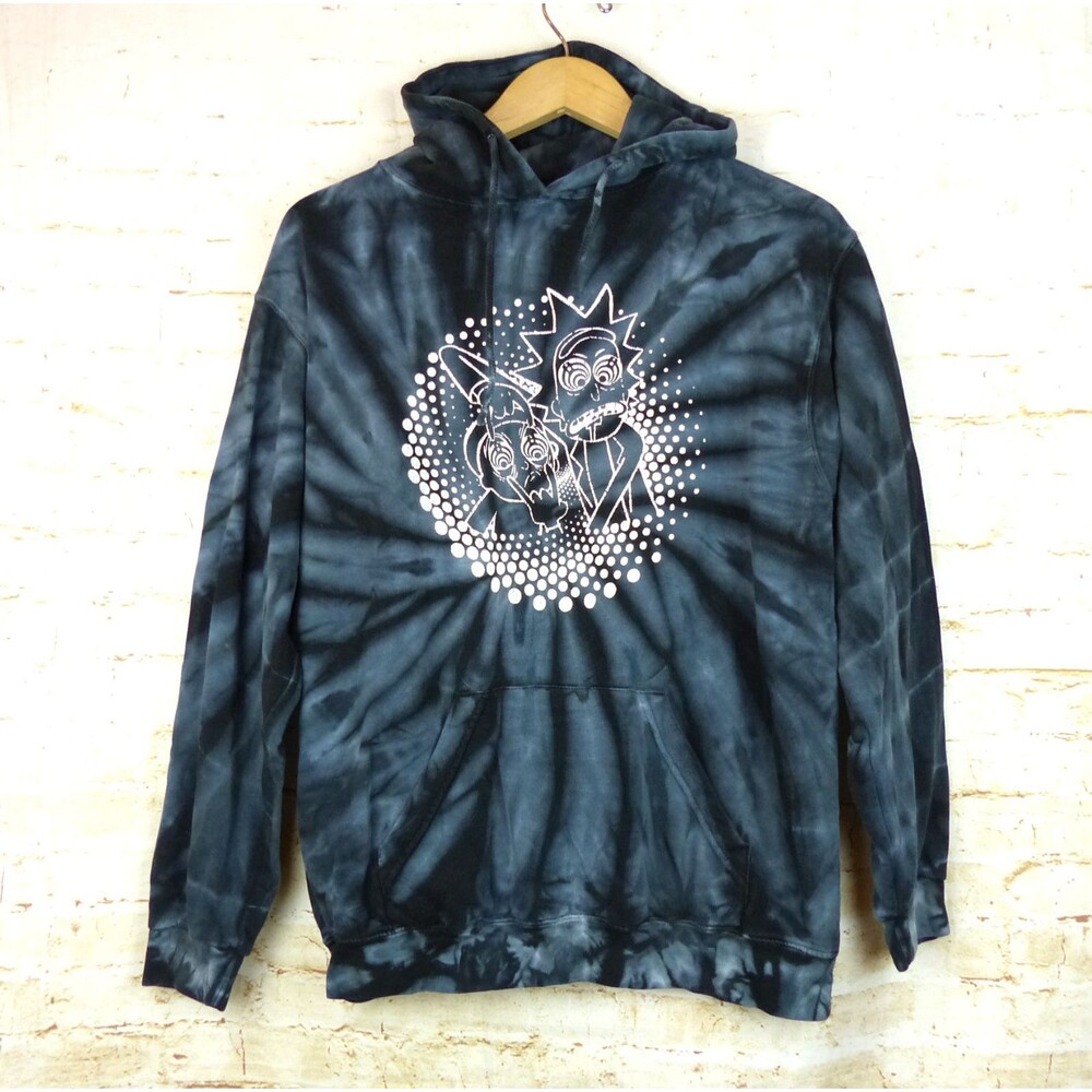 Colortone Rick & Morty Hoodie Mens S Blue Black Tie-Dye Graphic Pullover Sweater